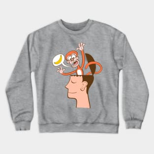 Let's meditate. Mad monkey asking for bananas from inside the head of a man in meditation Crewneck Sweatshirt